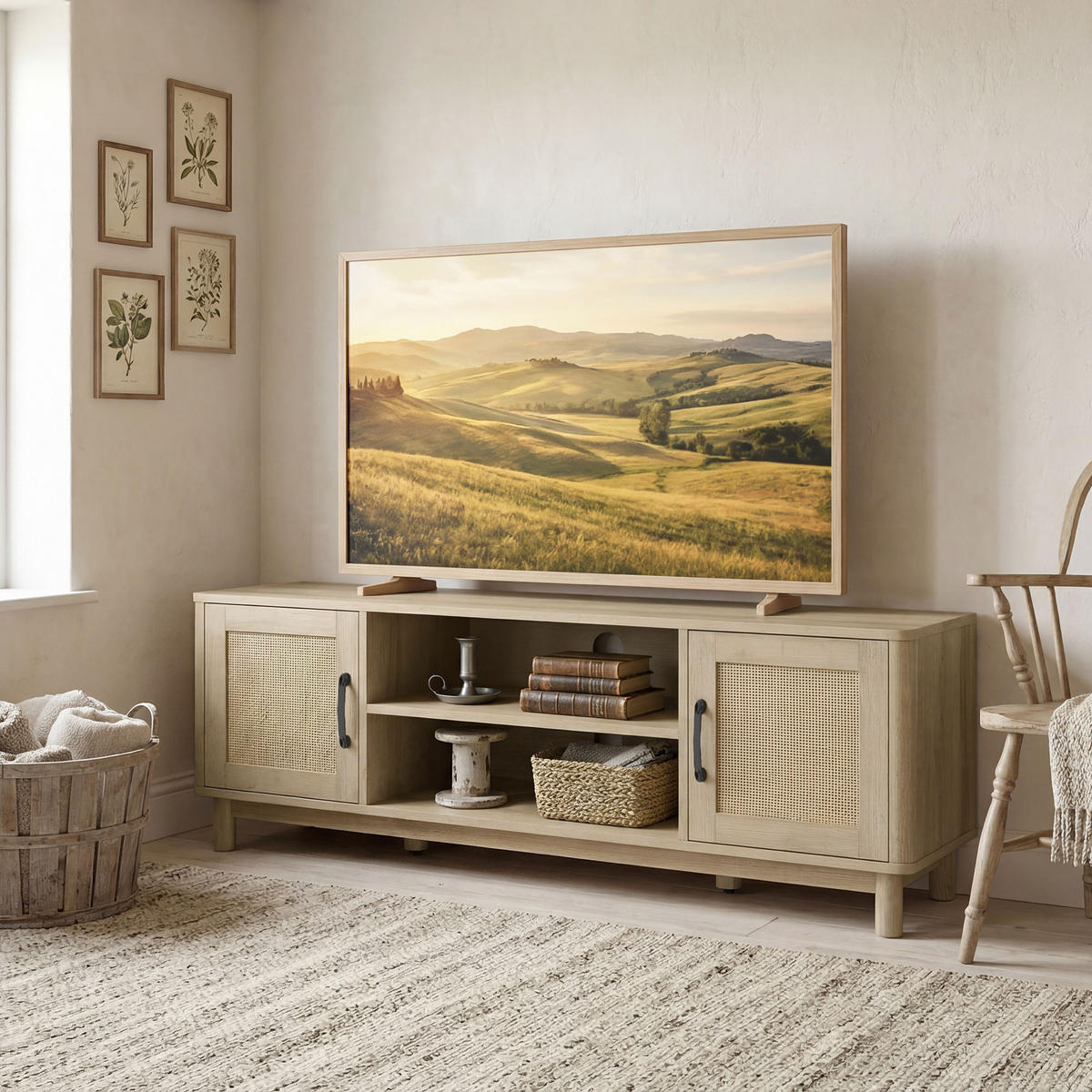 TV-LOWBOARD Eichefarben/Natur 135/39/45 cm, 2 Türen mit Rattangeflecht - Eichefarben, Naturmaterialien (135/45/39cm) - PANGIVO