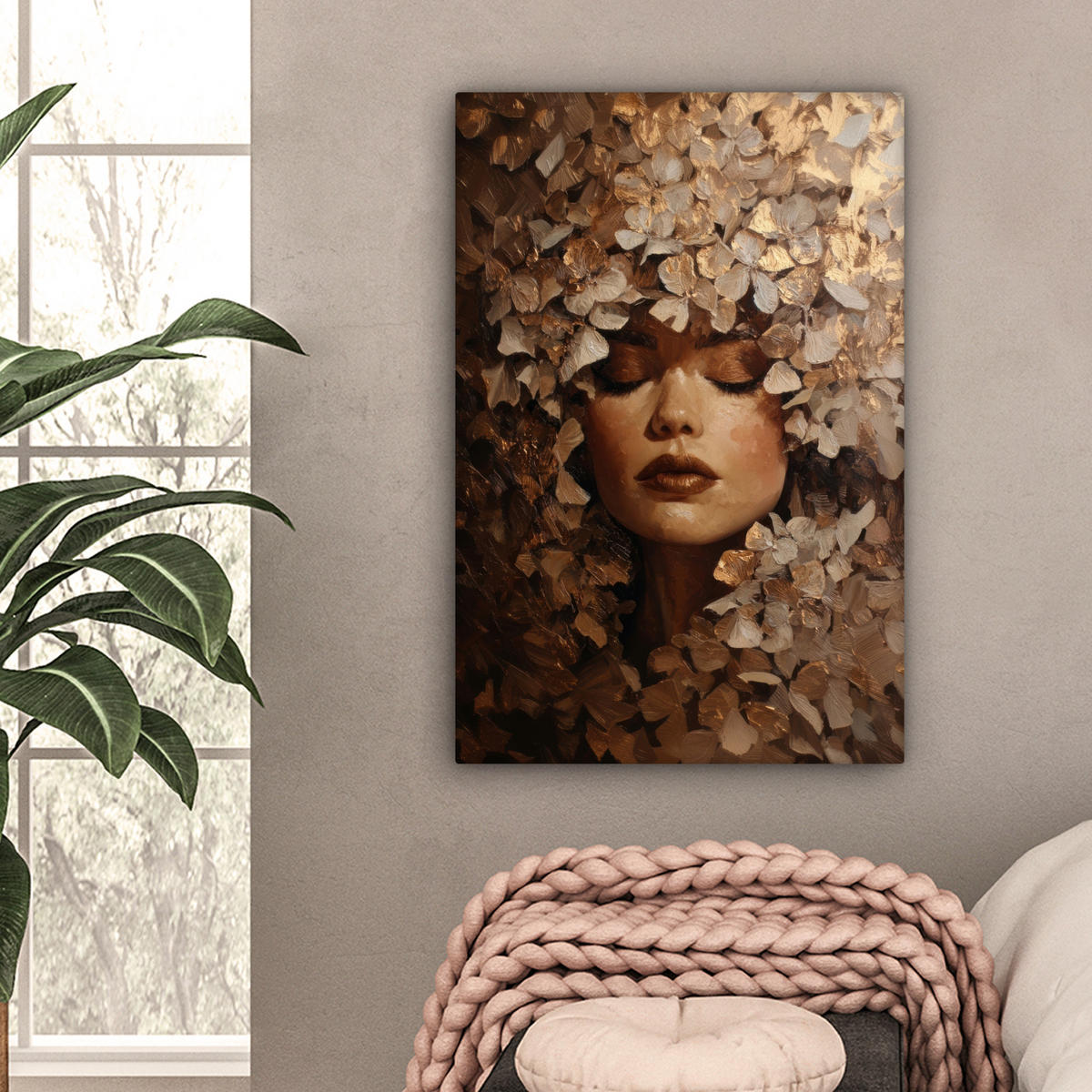 LEINWANDBILD Gesicht - Dame - Blätter - Pinselstriche Wanddeko Schlafzimmer 60x90 cm - Goldfarben, Textil (60/90cm) - MuchoWow