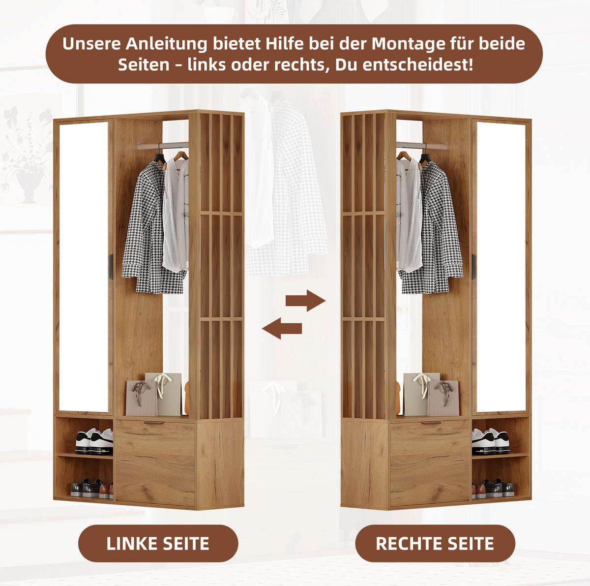 GARDEROBENSCHRANK 100/33/190 cm aus Spanplatte mit Spiegel und Kleiderstange Natur - Naturfarben, Holzwerkstoff (33/190/100cm) - Modenvie