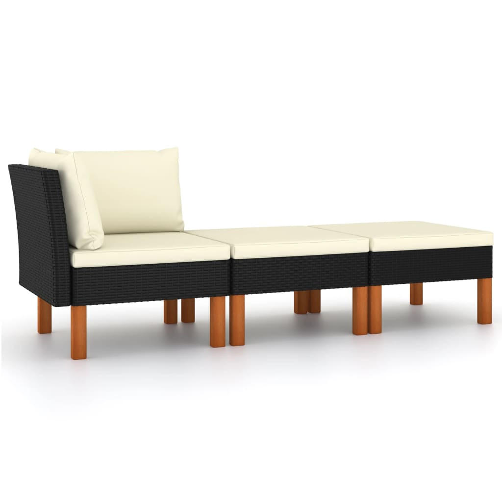 GARTEN-LOUNGE-SET 3Er Set Poly Rattan Und Eukalyptus Massivholz - Schwarz, Kunststoff - vidaXL