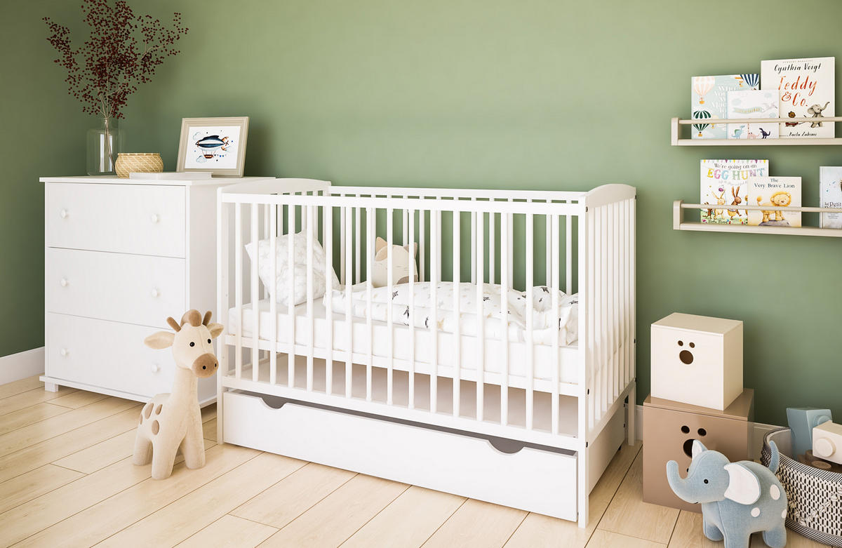 BABYBETT Elva 2in1 mit Matratze und Schublade - Weiß, Holz - kiki design