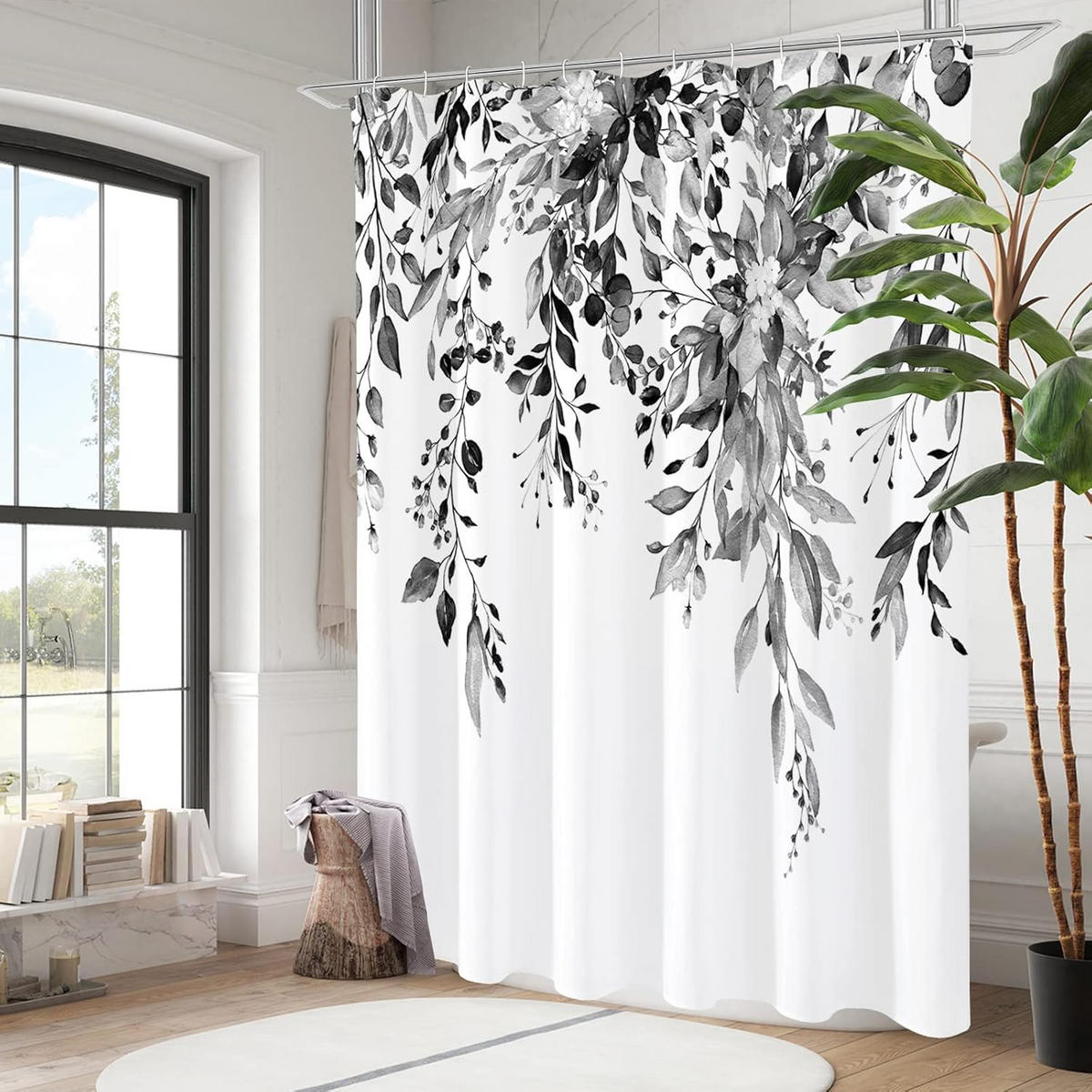 DUSCHVORHANG Schwarz Weiß Eukalyptus Aquarell Blätter Muster 180 x 180 cm mit Haken - Schwarz, Textil (180/180cm) - MCBOSON