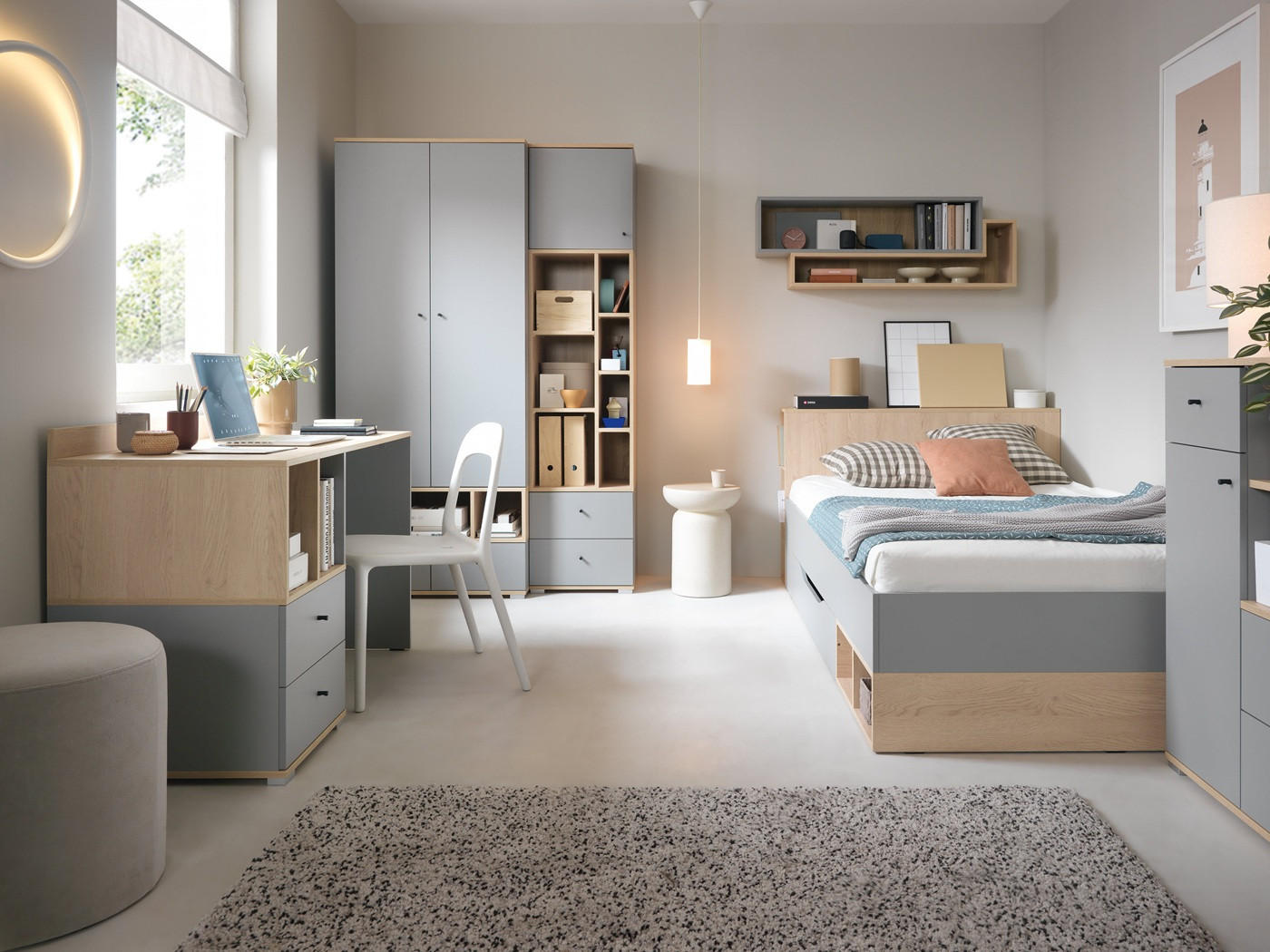 JUGENDZIMMER Oriel Set A mit Bett 120 x 200 - 5-tlg. - Eichefarben/Schwarz, Holzwerkstoff/Metall (80/195/50cm) - QMM TraumMöbel