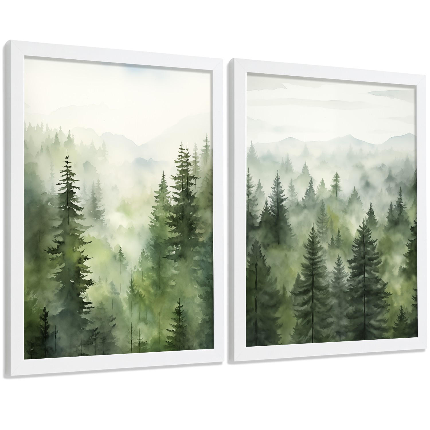 PLAKAT Sada 2 dekorativních tisků Nordic Forest Landscape obývák Obrázky - Zelené dekorativní plakáty Dekorace ložnice Obývací pokoj A4 bílý rám