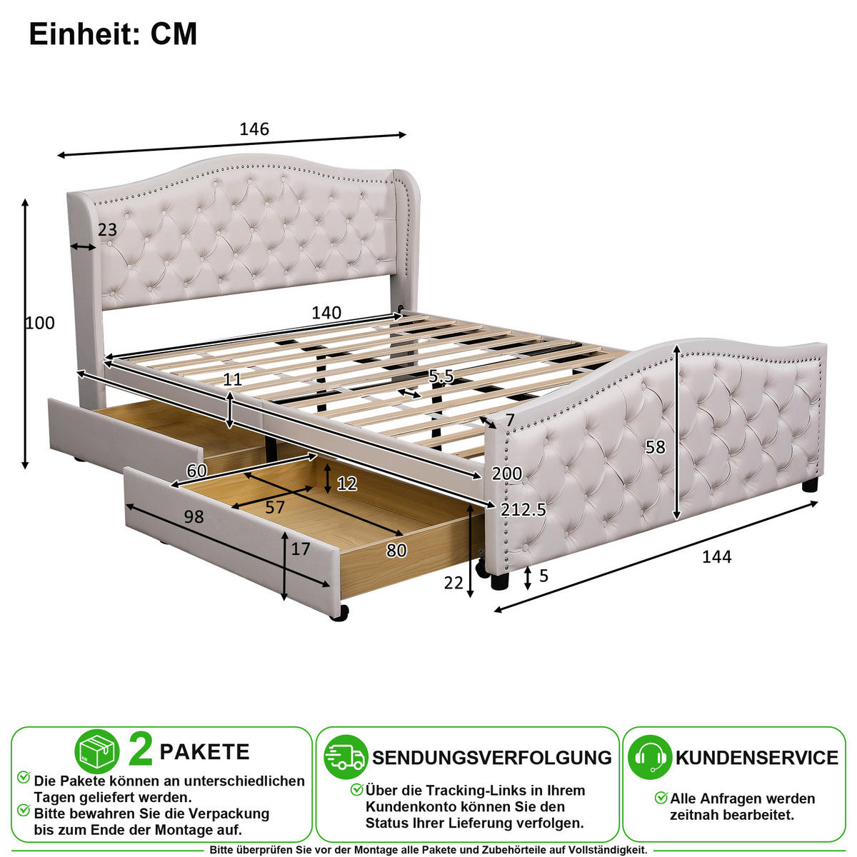 POLSTERBETT 140/200 cm in Weiß mit 2 Schubladen und Chesterfield-Kopfteil - Weiß, Holzwerkstoff/Textil (140/200cm) - CHICFURN