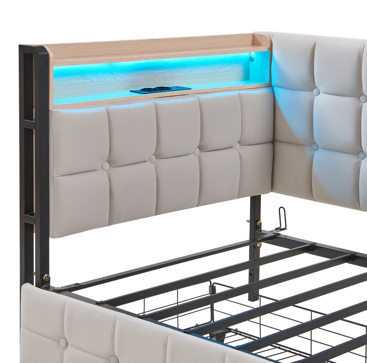 POLSTERBETT 90/200 cm Beige aus Samt mit 2 Schubladen und LED-Beleuchtung - Beige, Textil (90/200cm) - OKMYHOME