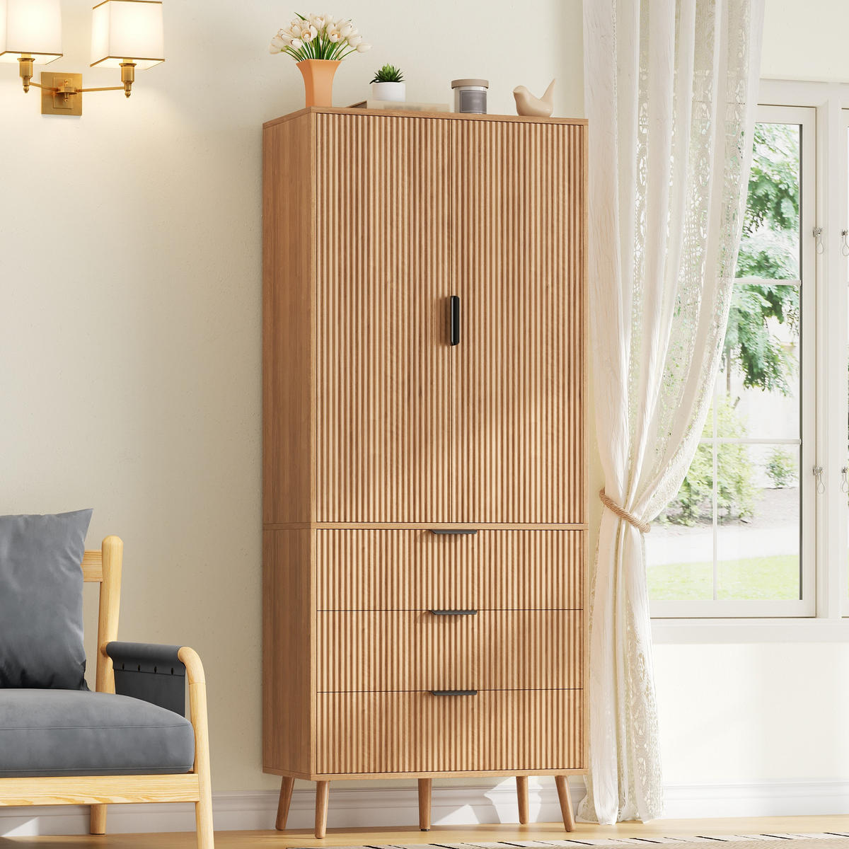 HIGHBOARD DE-38756 75/35/180 cm 2 Türen und 3 Schubladen Natur - Naturfarben, Holzwerkstoff (75/180/35cm) - ComfortXL