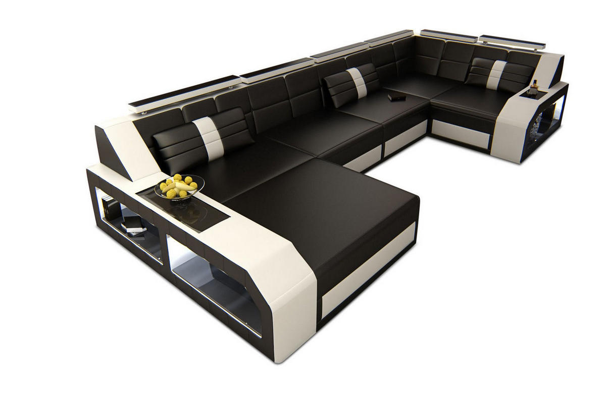 WOHNLANDSCHAFT Arezzo U - Schwarz/Weiß, Leder (380/86/197cm) - Sofa Dreams