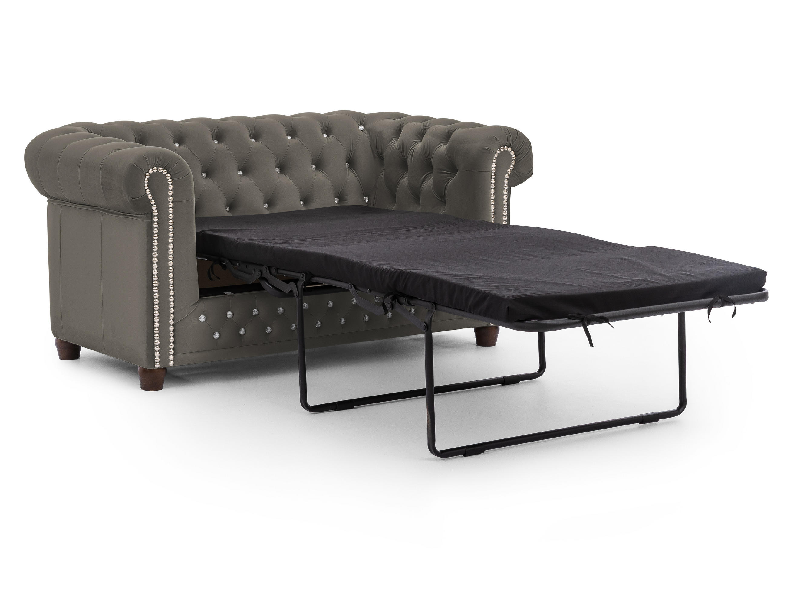 CHESTERFIELD-SOFA 2-Sitzer mit Schlaffunktion Cleo Blink Grau Samt mit Kristallsteppung und braunen Massivholzfüßen - Braun/Grau, Holz/Textil (148/72/86cm) - S-Style Möbel