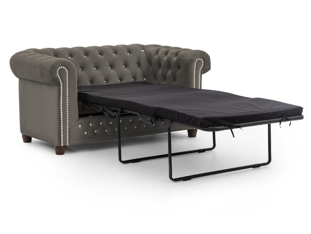 CHESTERFIELD-SOFA 2-Sitzer mit Schlaffunktion Cleo Blink Grau Samt mit Kristallsteppung und braunen Massivholzfüßen - Braun/Grau, Holz/Textil (148/72/86cm) - S-Style Möbel