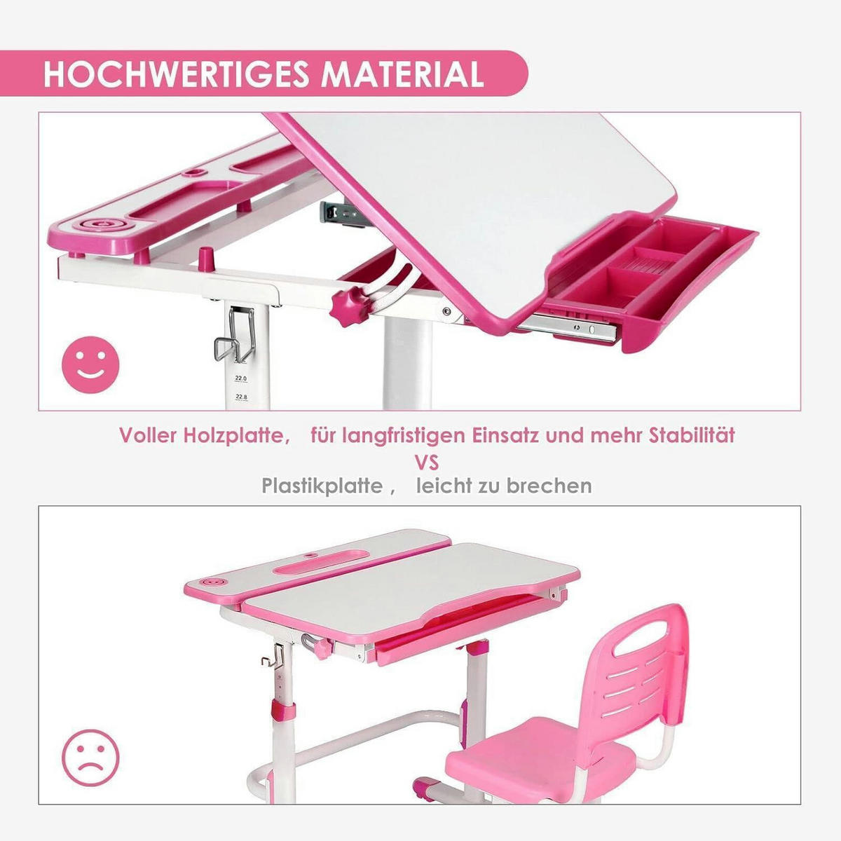 KINDERSCHREIBTISCH-SET höhenverstellbar mit Lampe und Schublade Rosa - Multicolor, Kunststoff (49/76/66.4cm)