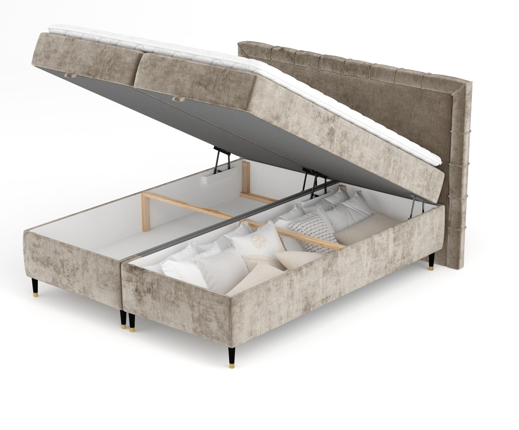 BOXBETT Monpelli Beige 180/200 cm mit Matratze und Topper - Beige/Schwarz, Holz/Holzwerkstoff (180/200cm) - Maison de Reve