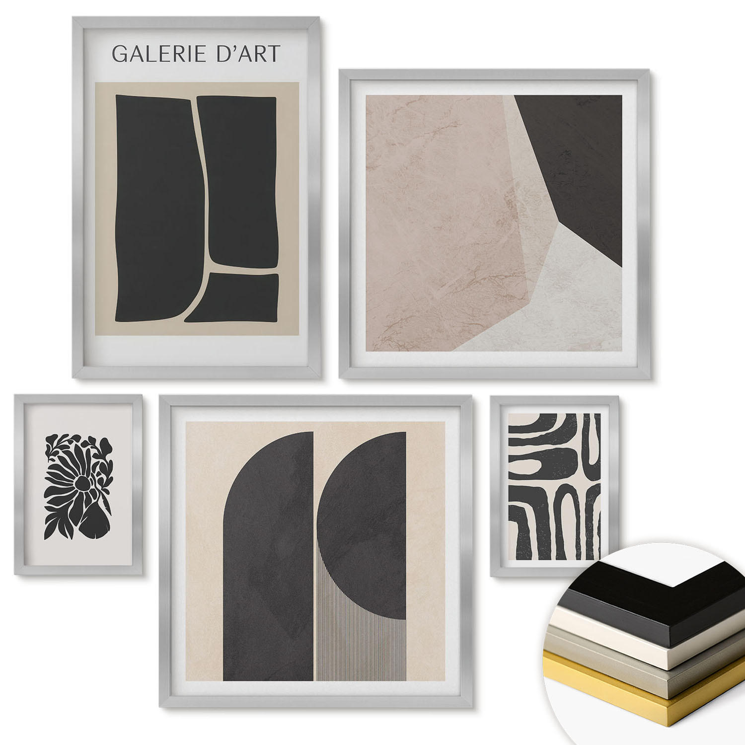 WANDBILDER 5er Set - 50x50 cm & 20x30 cm & 40x60 cm Silberner Rahmen - Abstrakte minimalistische Poster - Silberfarben, Kunststoff (40/60cm) - ArtPrintCave
