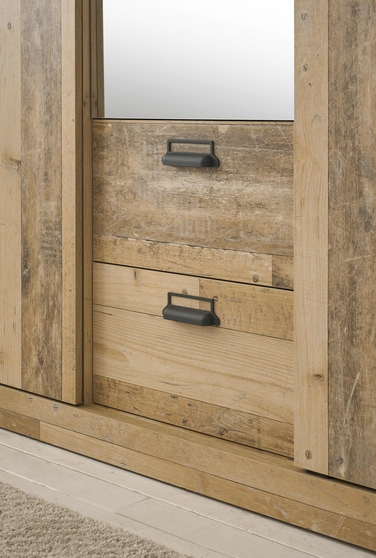 KLEIDERSCHRANK Used Wood hell, dunkles Grau 163 x 209, Schiebetürenschrank 3-türig mit Spiegel - Dunkelgrau/Schwarz, Glas/Holzwerkstoff (163/209/63cm) - Furn.Design
