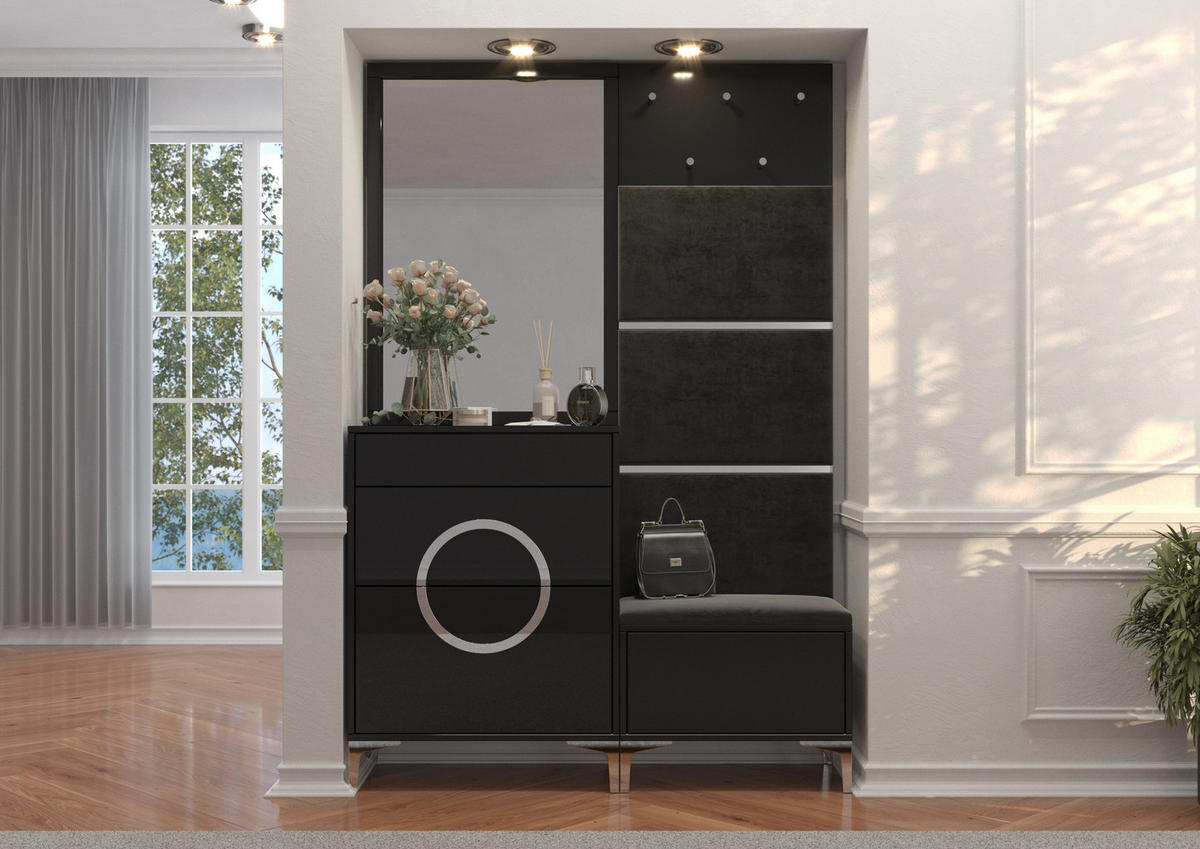 GARDEROBE Eveline, Schwarz, Silberne Akzente, Hochglanz - Schwarz Hochglanz/Silberfarben, Holzwerkstoff/Textil (130/195.5/41cm) - Kayani