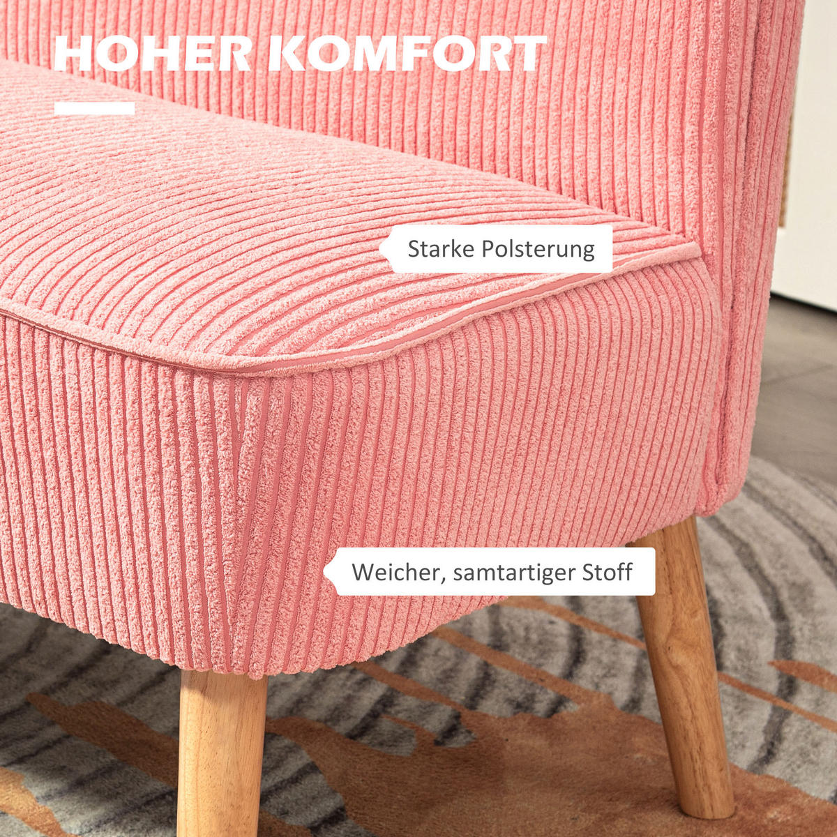 2-SITZER Sofa Rosa 117.0/56.5/77.0 cm - Rosa, Holz (56.5/77/117cm)