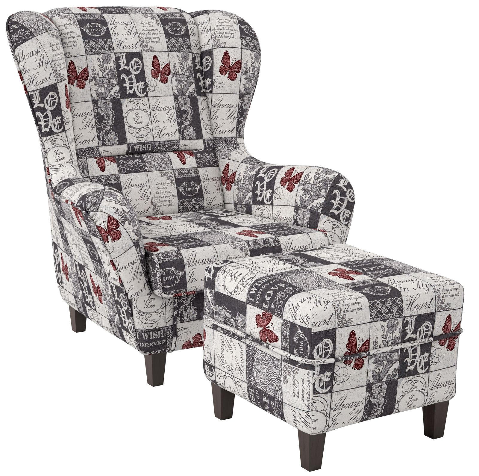 OHRENSESSEL Sofia Relaxsessel mit Hocker | Design Patchwork Love - Dunkelgrau/Rot, Textil (92/68/95cm) - Supellex