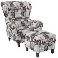 OHRENSESSEL Sofia Relaxsessel mit Hocker | Design Patchwork Love - Dunkelgrau/Rot, Textil (92/68/95cm) - Supellex