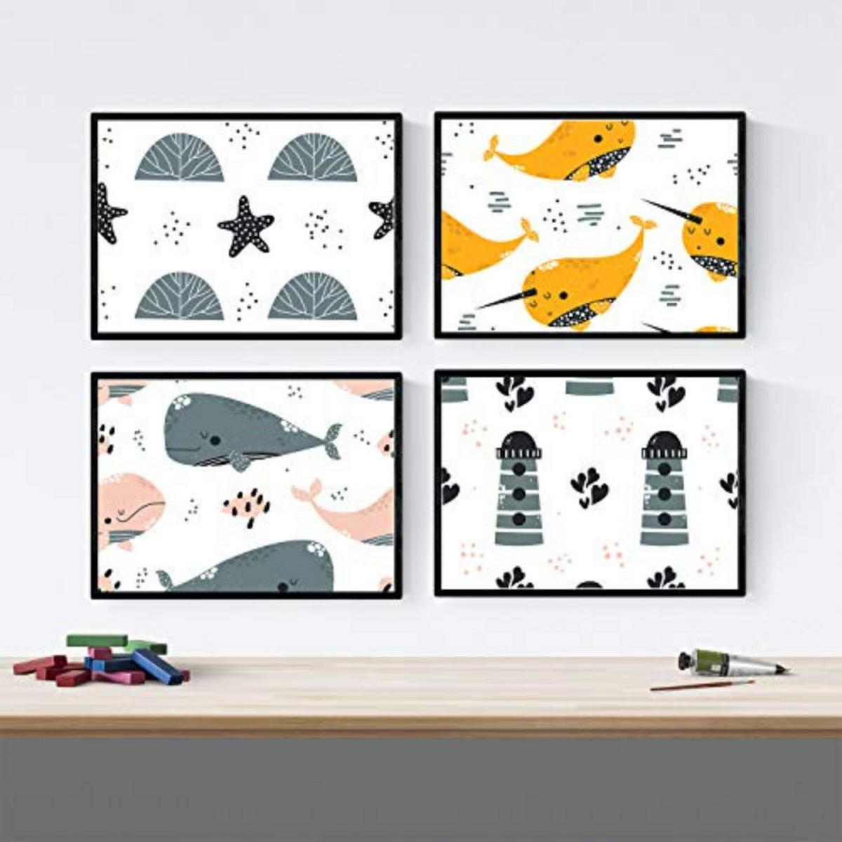 POSTER Set mit 4 Grauwal Orange Leuchtturm und Seestern A3 Schwarzer Rahmen - Schwarz, Papier (29.7/3cm) - Nacnic