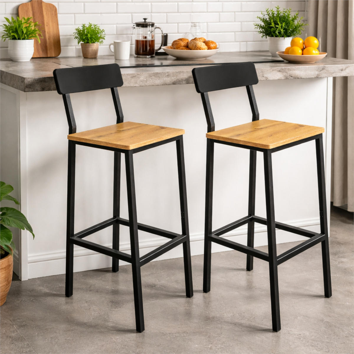 BARHOCKER Holzoptik Metall Eichefarben Schwarz 2-Er Set 90×40×29,5 cm - Eichefarben/Schwarz, Holzwerkstoff/Metall (30/90/40cm) - Begryf