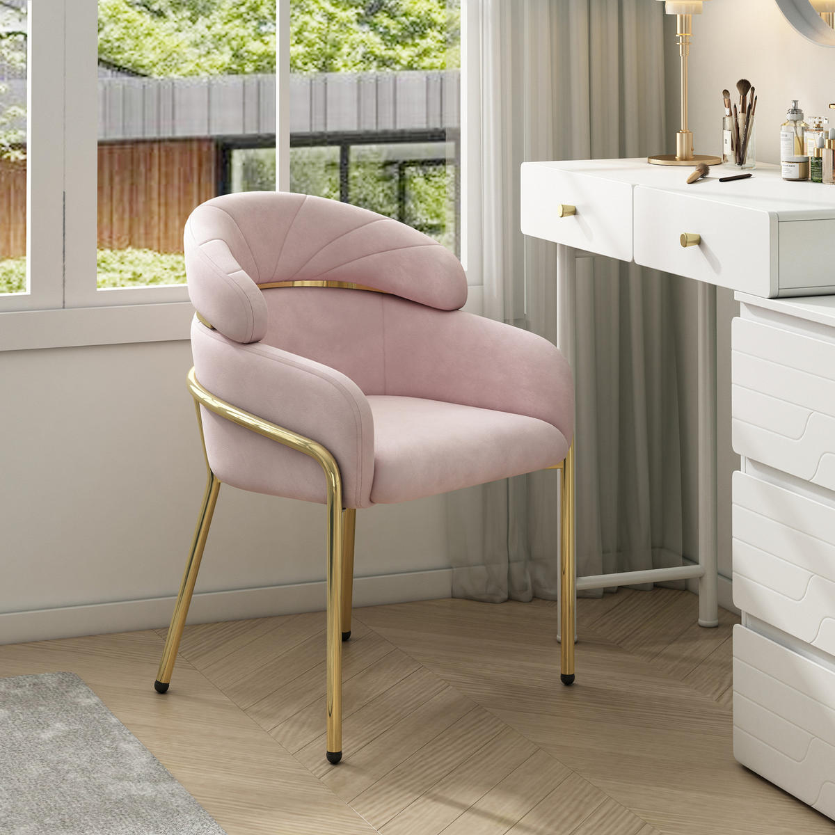 STUHL 56.9x54.5x79 cm in Pink, Samt mit Metallbeinen, Einzelstück - Pink, Textil (54.5/79/56.9cm) - Modfu