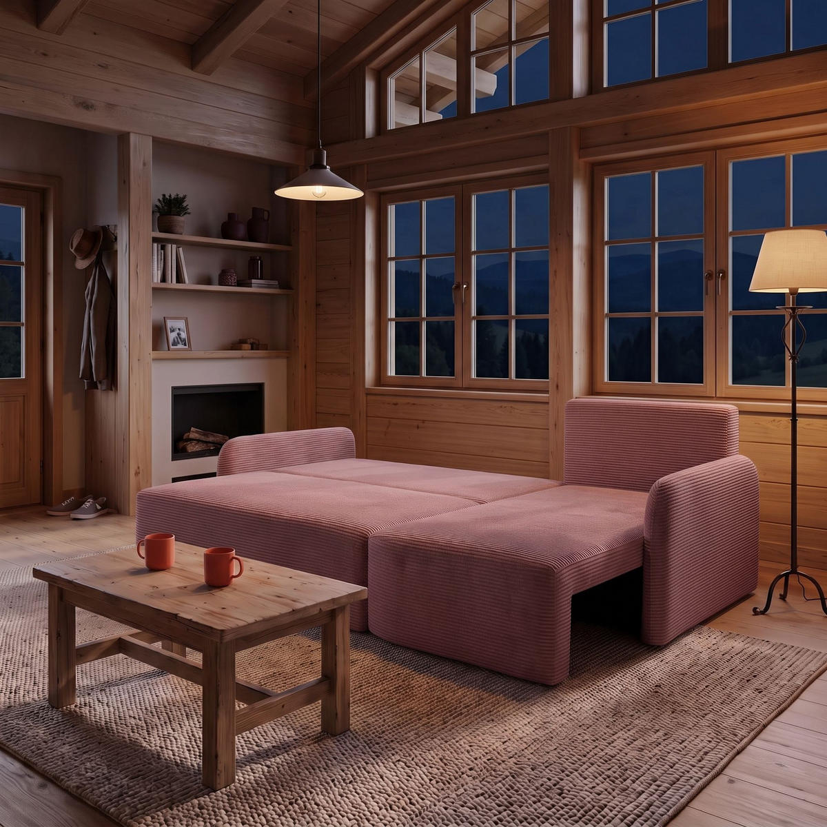 ECKSOFA CASPER L Rechts mit Schlaffunktion 132x198 Cord Rosa - Pink/Schwarz, Holz/Kunststoff (145/217cm) - NACANAPA