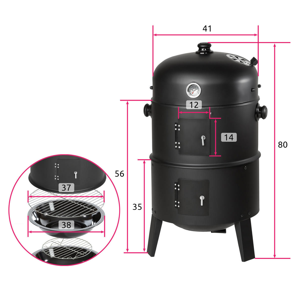 SMOKER ,Ø 41 cm,schwarz - Schwarz, Metall (41/80/41cm) - tectake