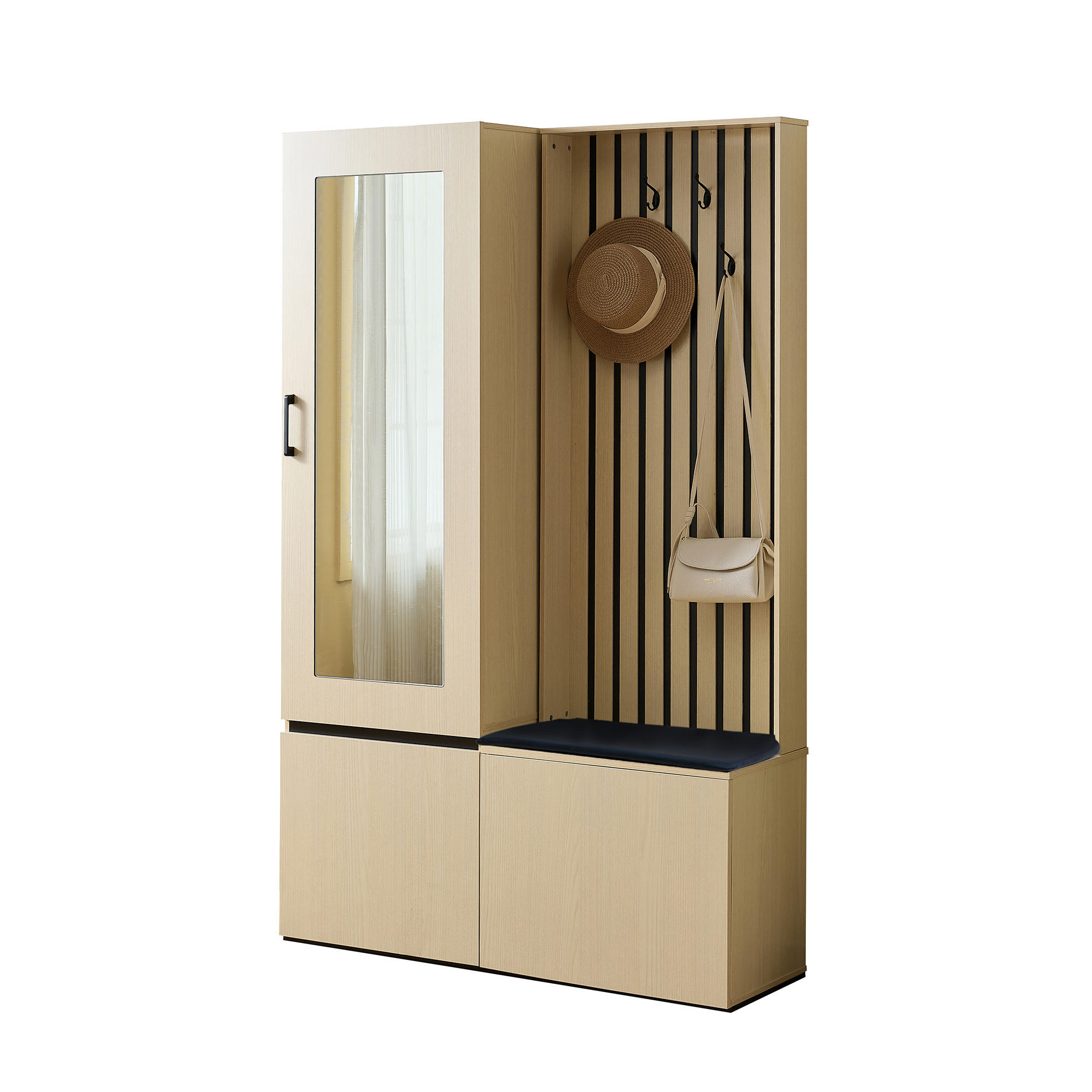 GARDEROBE mit Spiegel, Sitzbank, Kleiderstange und Schuhablage - Ahornfarben, Holzwerkstoff (33/179.5/113.5cm) - Korfee