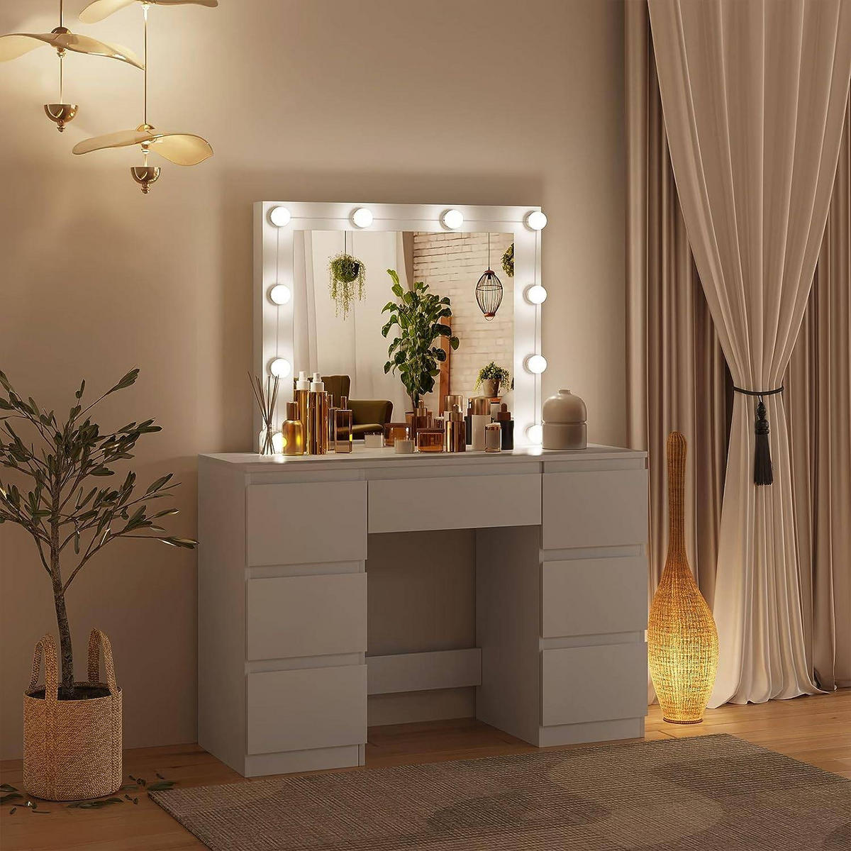 SCHMINKTISCH mit LED-Beleuchtung Weiß - Weiß, Glas/Holzwerkstoff (110/140.5/39.5cm) - Woltu
