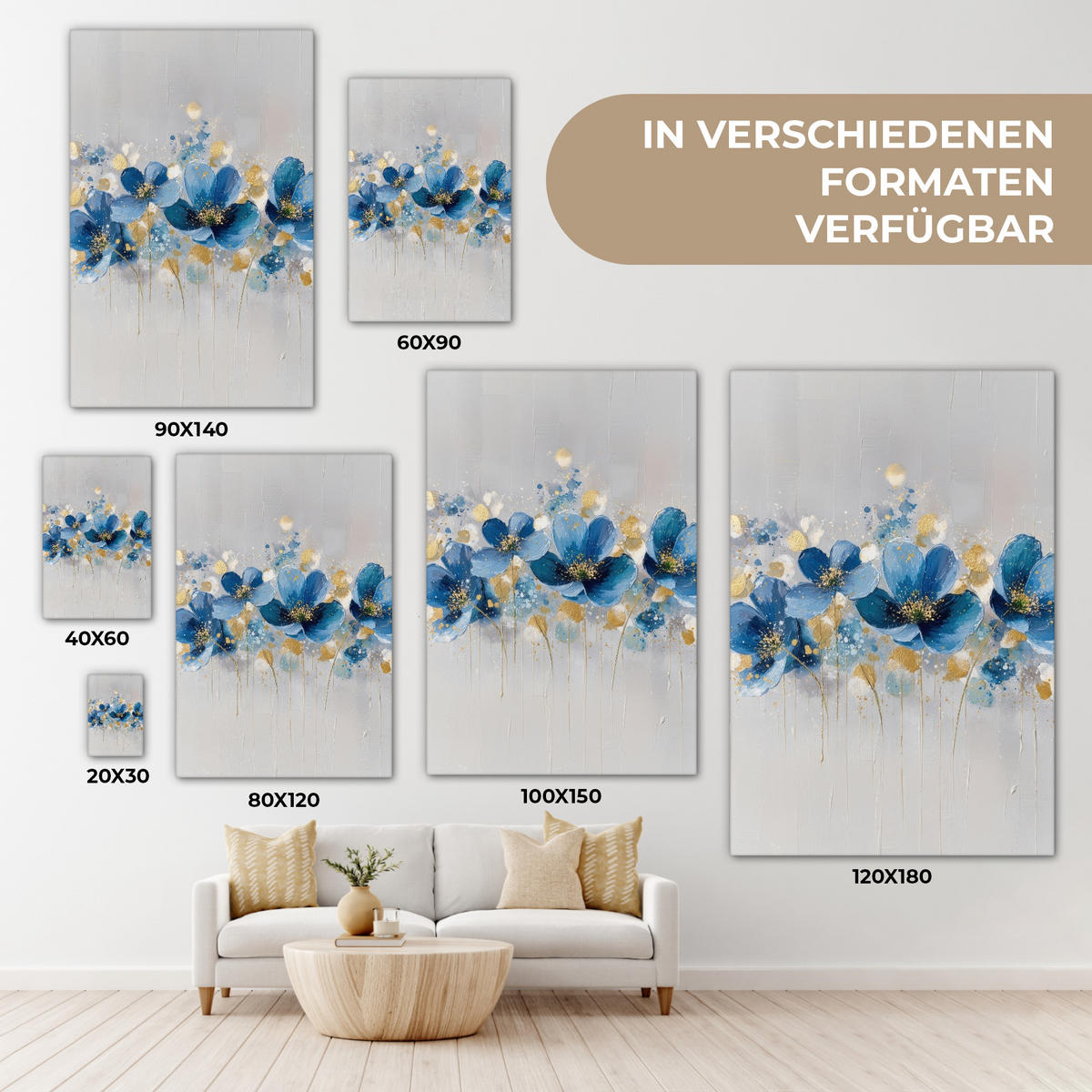 LEINWANDBILD Blumen - Blau - Abstrakt Wanddeko Schlafzimmer 60x90 cm - Hellgrau, Textil (60/90cm) - MuchoWow