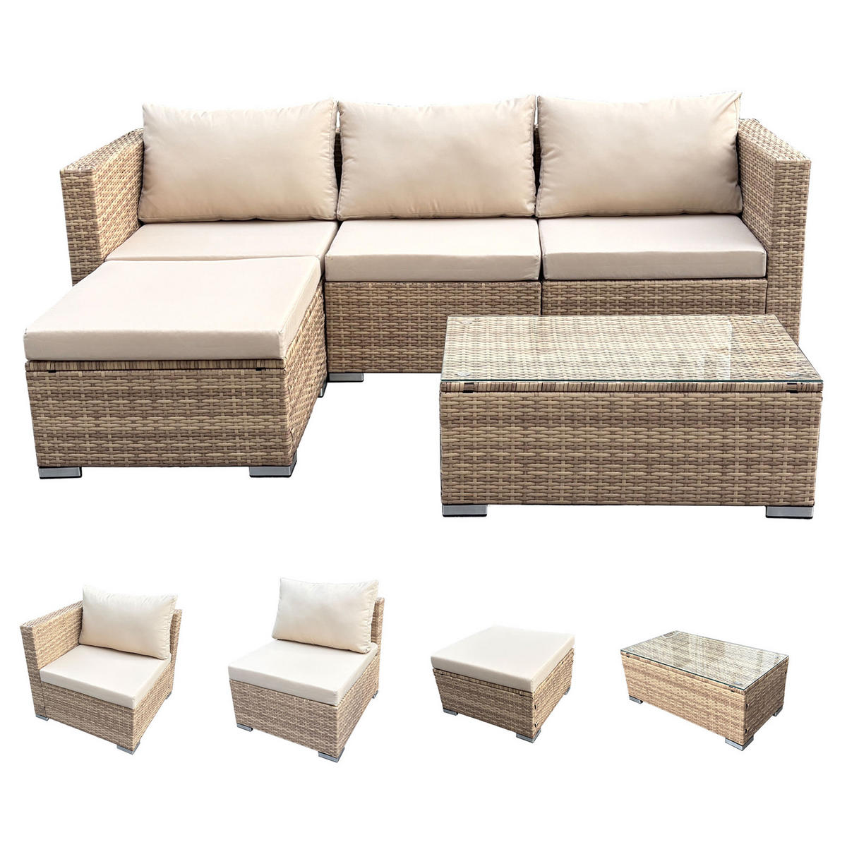 GARTENLOUNGE Queens Polyrattan Beige - Beige/Creme, Kunststoff - SVITA