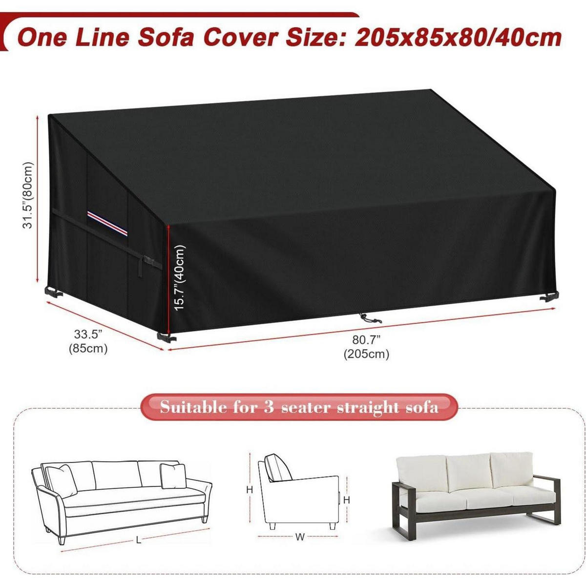 GARTENSOFA Abdeckung 205x85x80/40cm Wasserdicht Winddicht - Schwarz, Textil (85/80/205cm)