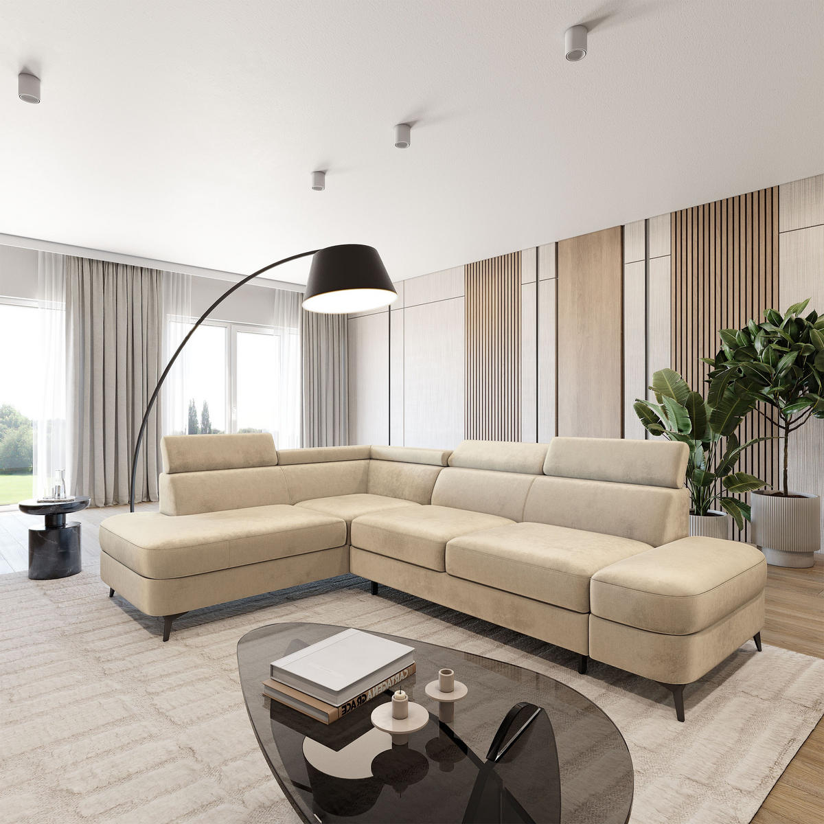 ECKSOFA AVISE M L-S Creme Velours-Stoff mit Schlaffunktion - Creme, Holzwerkstoff/Textil (268/195cm) - MASSENO