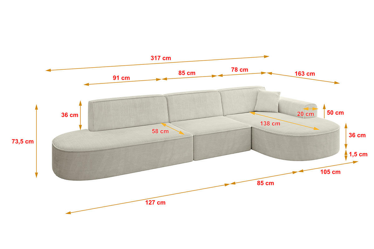 ECKSOFA Ottomane Rechts MARI-L2 - 317x163x73,5 cm Hellgrau Cord - Hellgrau/Schwarz, Holzwerkstoff/Kunststoff (317/163cm) - ALTDECOR