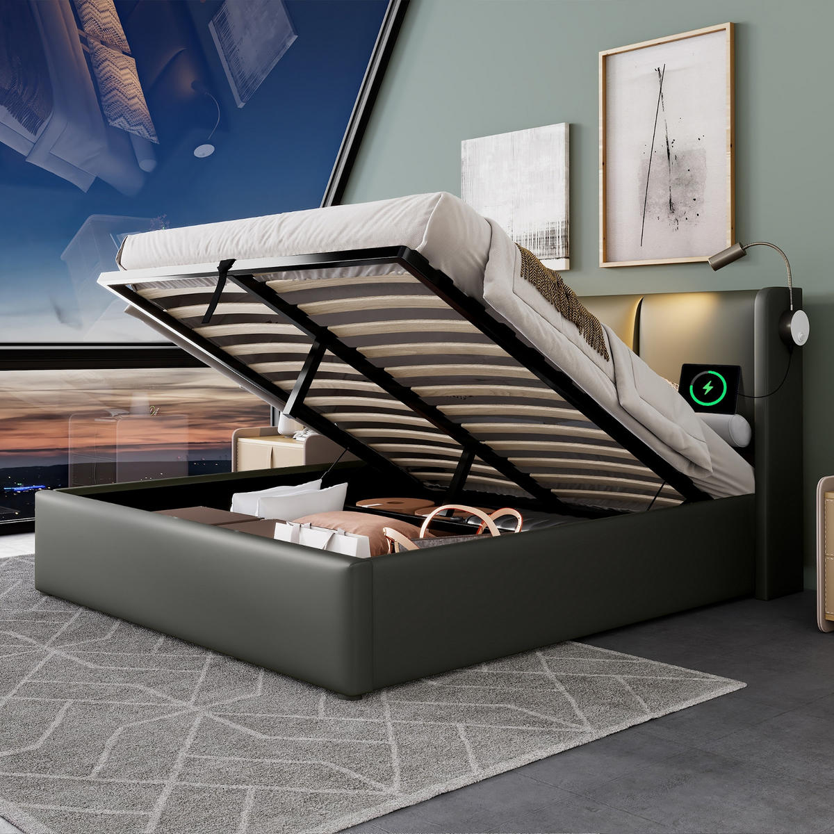 POLSTERBETT 180/200 cm Beige mit USB-Ladefunktion und Stauraum - Beige, Textil (180/200cm) - Oxeza