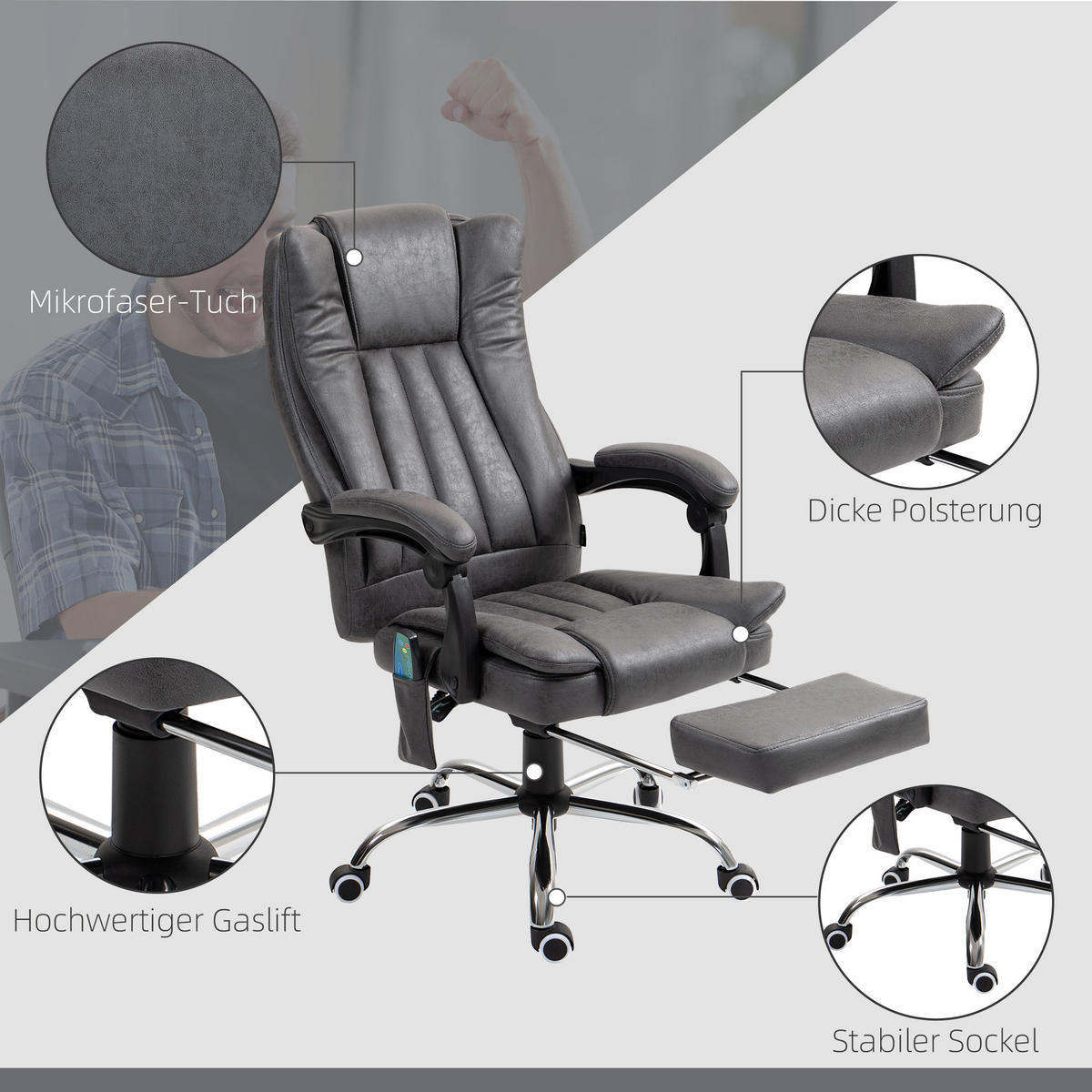 BÜROSTUHL mit Vibrationsmassage, Ergonomisch Schreibtischstuhl mit Liegefunktion - Grau, Kunststoff (70/120/62cm) - Vinsetto