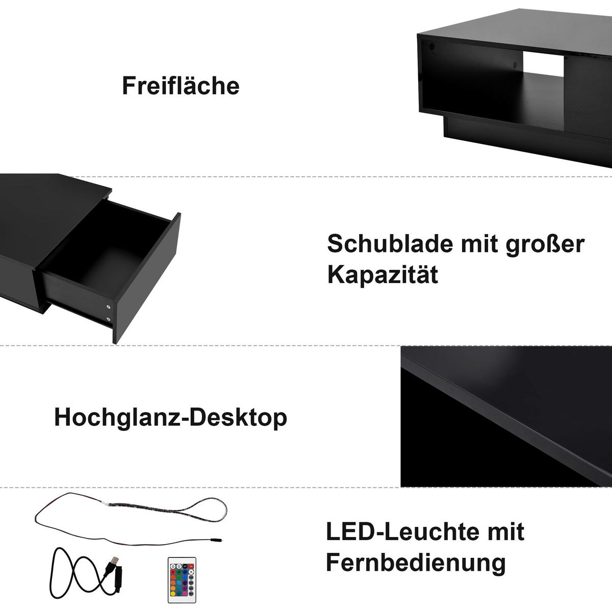 COUCHTISCH 95/55/32 cm in Hochglanz Schwarz mit LED-Beleuchtung - Schwarz, Holzwerkstoff (55/32/95cm) - OKWISH