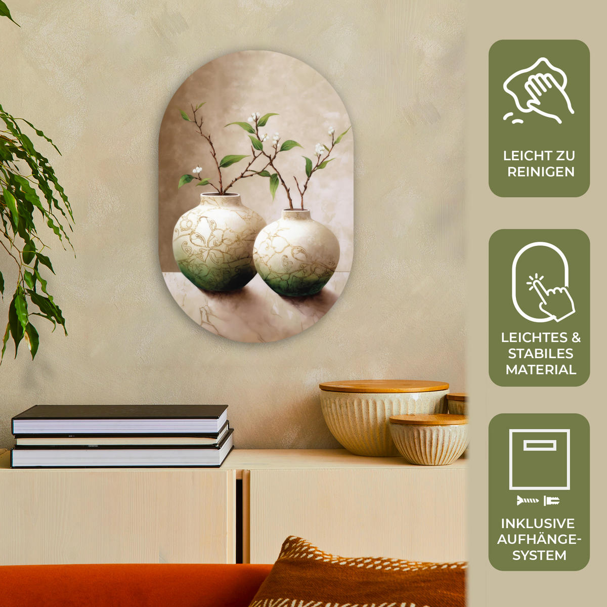 WANDBILD Blumen - Vase - Weiß - Botanisch - Beige 40x60 cm - Ecru, Kunststoff (40/60cm) - MuchoWow