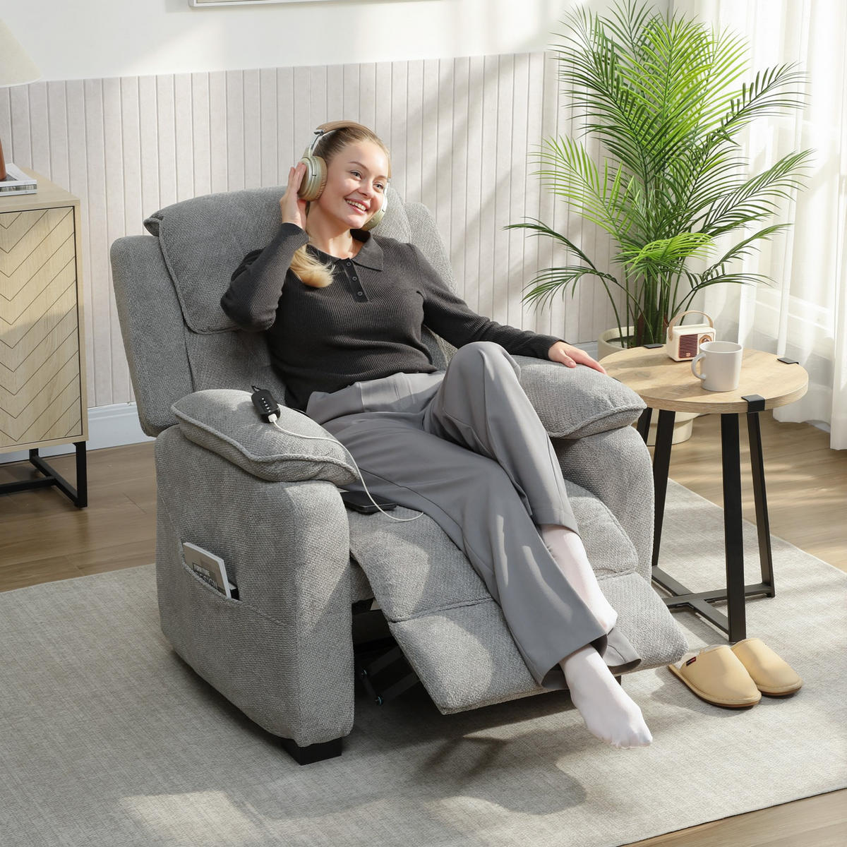 RELAXSESSEL,150° Samtoptik Fußstütze Fernbedienung Seitentasche,grau - Grau, Textil (90/103/96cm) - Vallsero