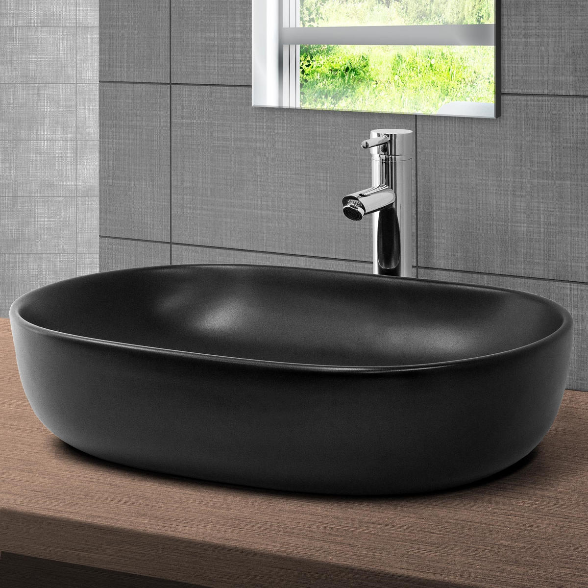 WASCHBECKEN - Schwarz, Keramik (42.5/14.5/60cm) - ML-DESIGN