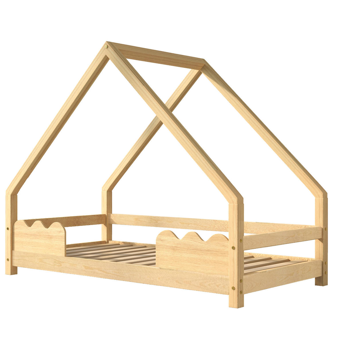POSTELJA v obliki hiše 90/200 cm naravna z zaščito pred padcem iz masivnega borovega lesa - naravne barve, les (90/200cm) - OKWISH
