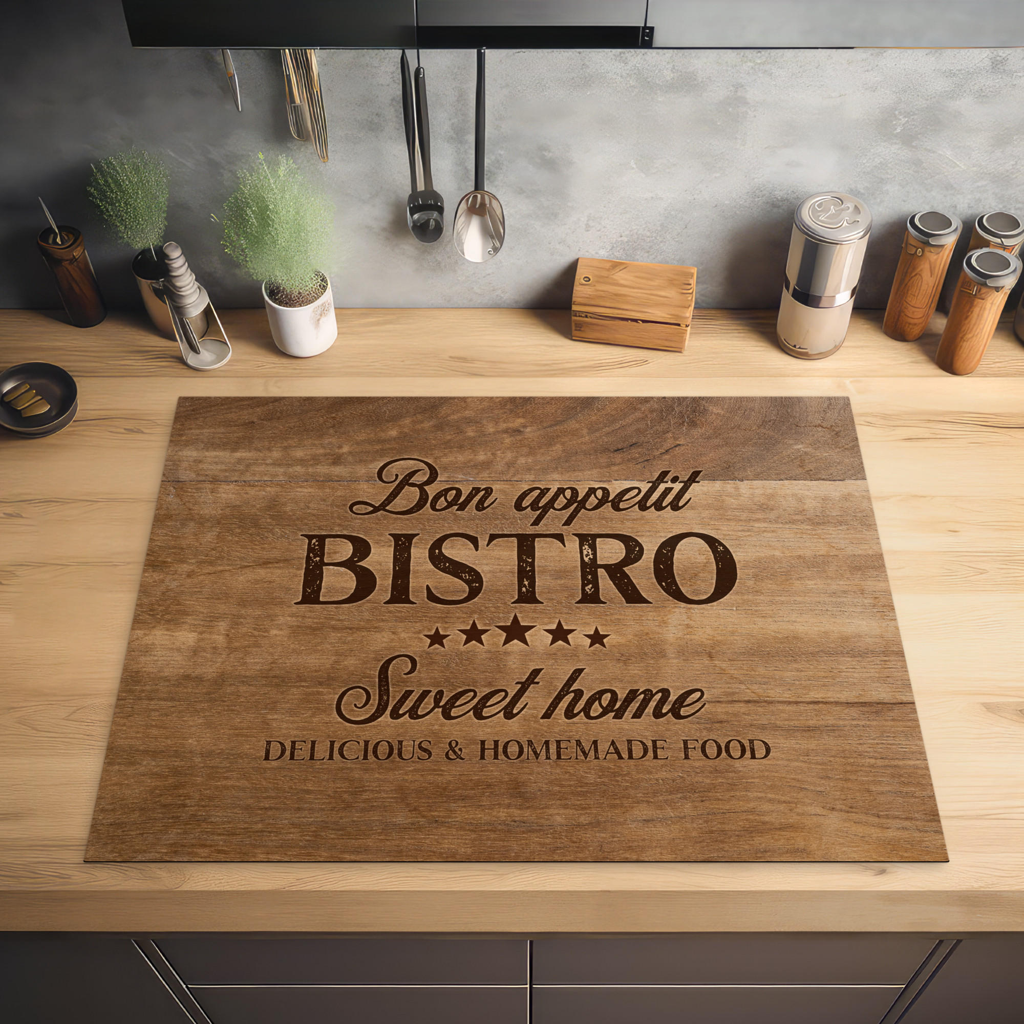 HERDABDECKPLATTE Zitat - Bistro - Guten Appetit - Süßes Zuhause - Holzmaserung 77x59 cm - Braun, Kunststoff (77/0.2/59cm) - MuchoWow
