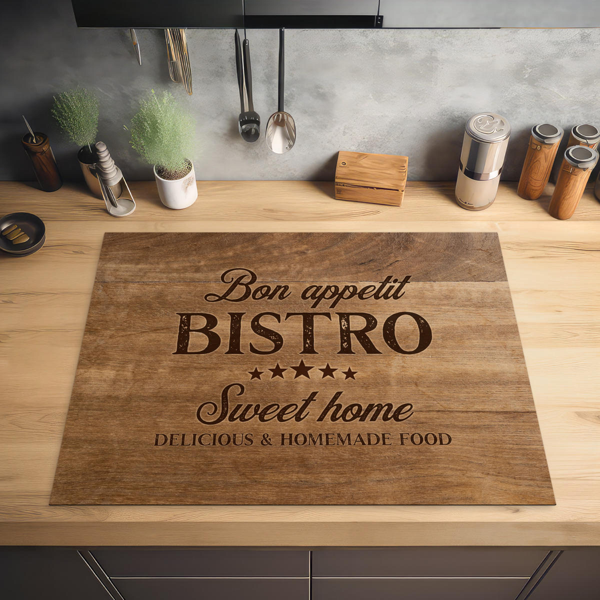 HERDABDECKPLATTE Zitat - Bistro - Guten Appetit - Süßes Zuhause - Holzmaserung 77x59 cm - Braun, Kunststoff (77/0.2/59cm) - MuchoWow