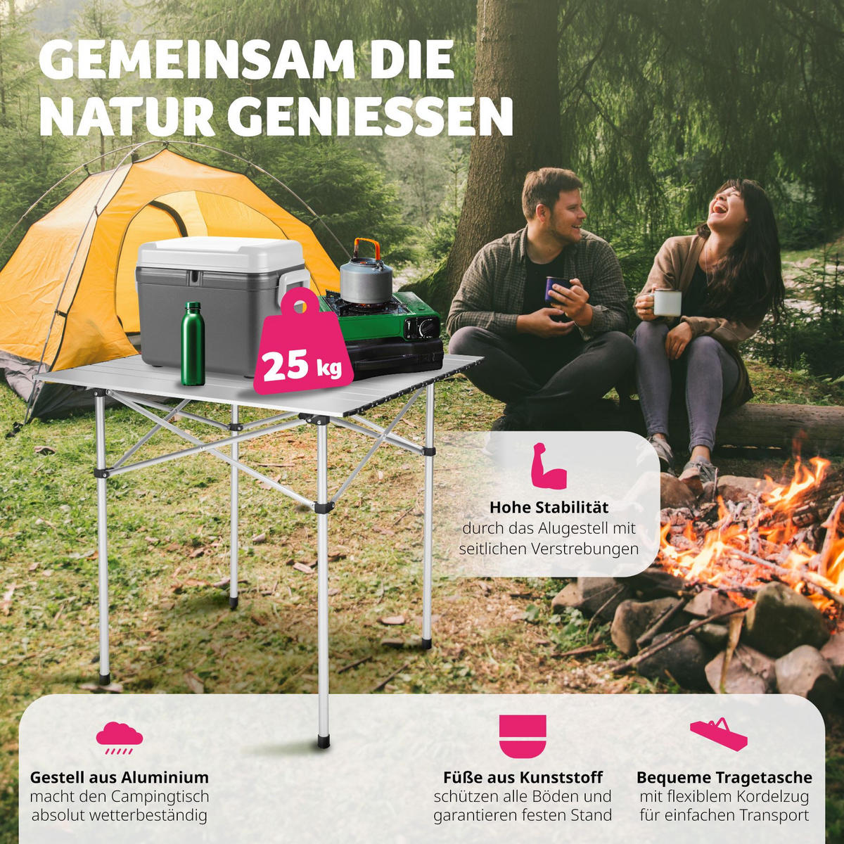 CAMPINGTISCH ,70 x 70 x 70 cm,grau - Grau, Metall (70/70/70cm) - tectake