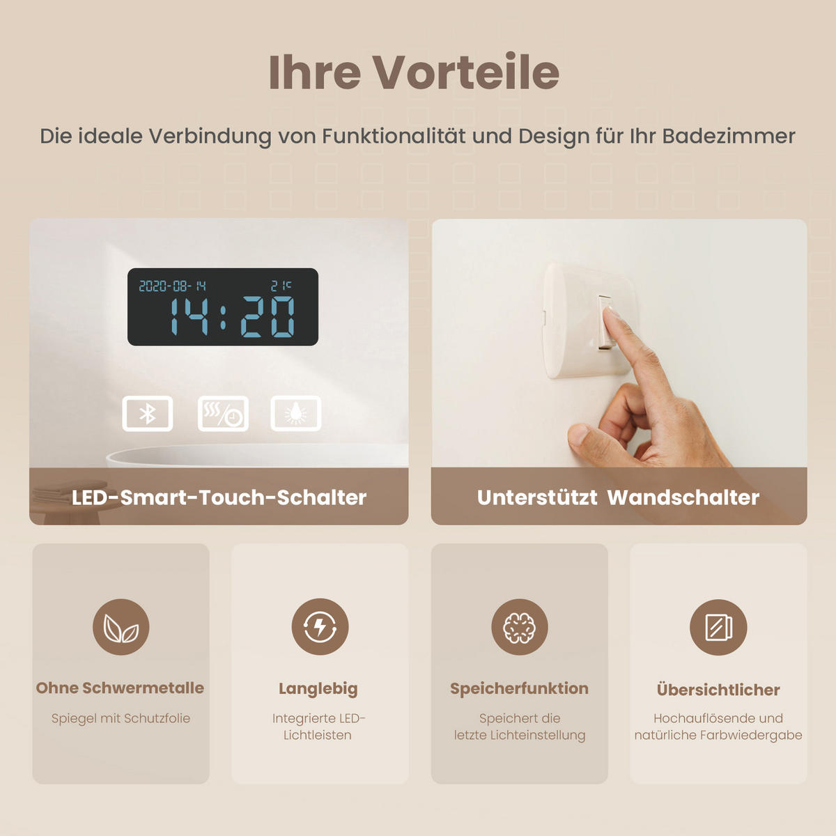 BADSPIEGEL mit Bluetooth Anti-Beschlag mit Integriertem Schminkspiegel 100/60 cm - Transparent, Glas (100/60/3.5cm) - EMKE
