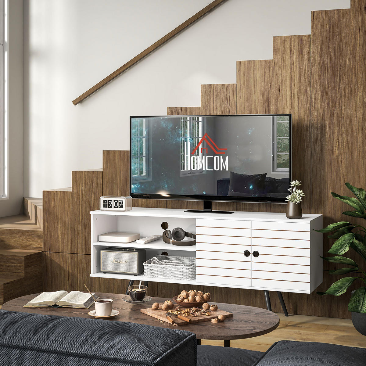 TV-LOWBOARD Weiß 145/38/65 cm, Soft-Close, Kabelmanagement, Holzbeine - Weiß, Holzwerkstoff (145/65/38cm) - PANGIVO