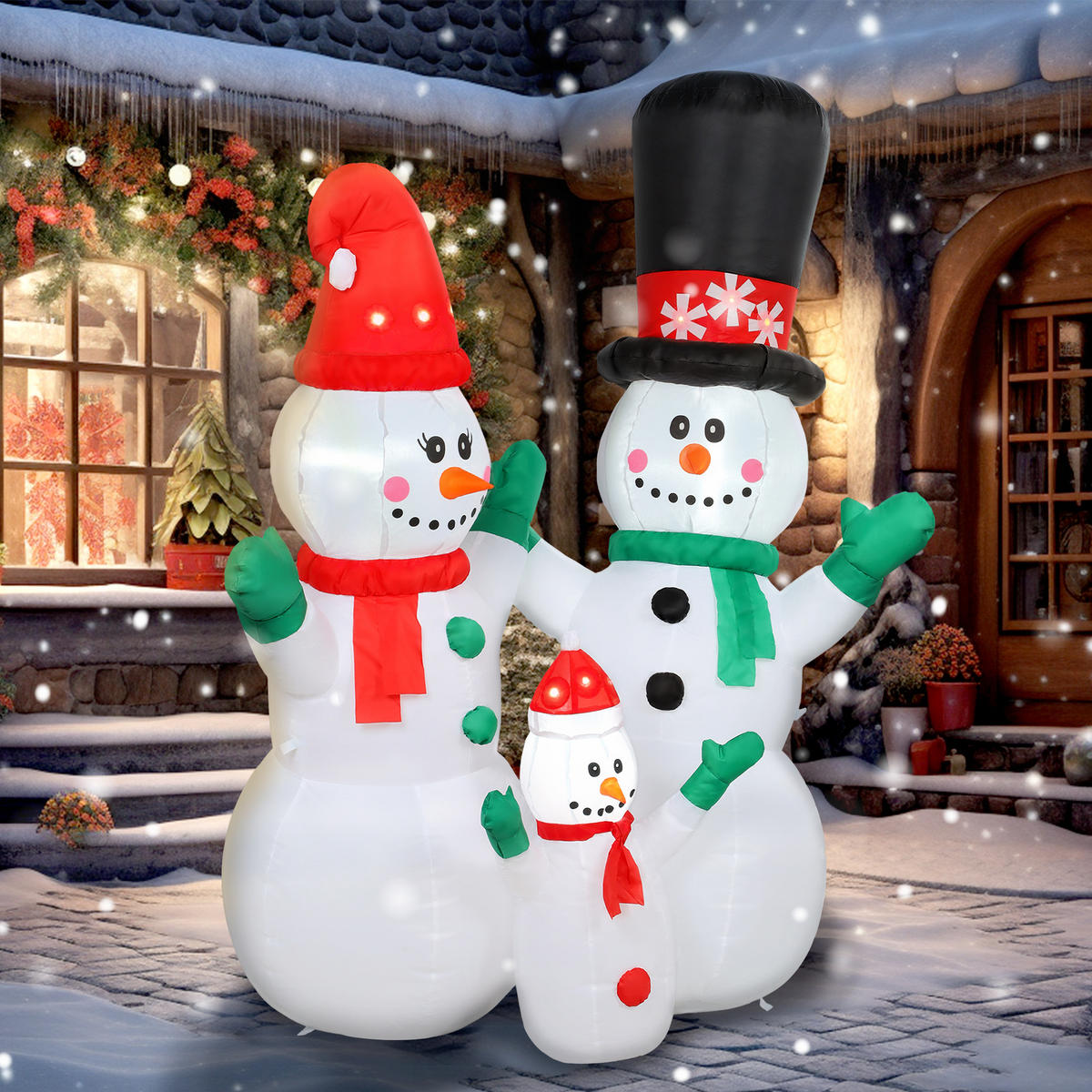 AUFBLASBAR Schneemann Familie, 1,8 m Weihnachtsdeko mit LED-Beleuchtung - Weiß, Textil (80/180/165cm) - Outsunny