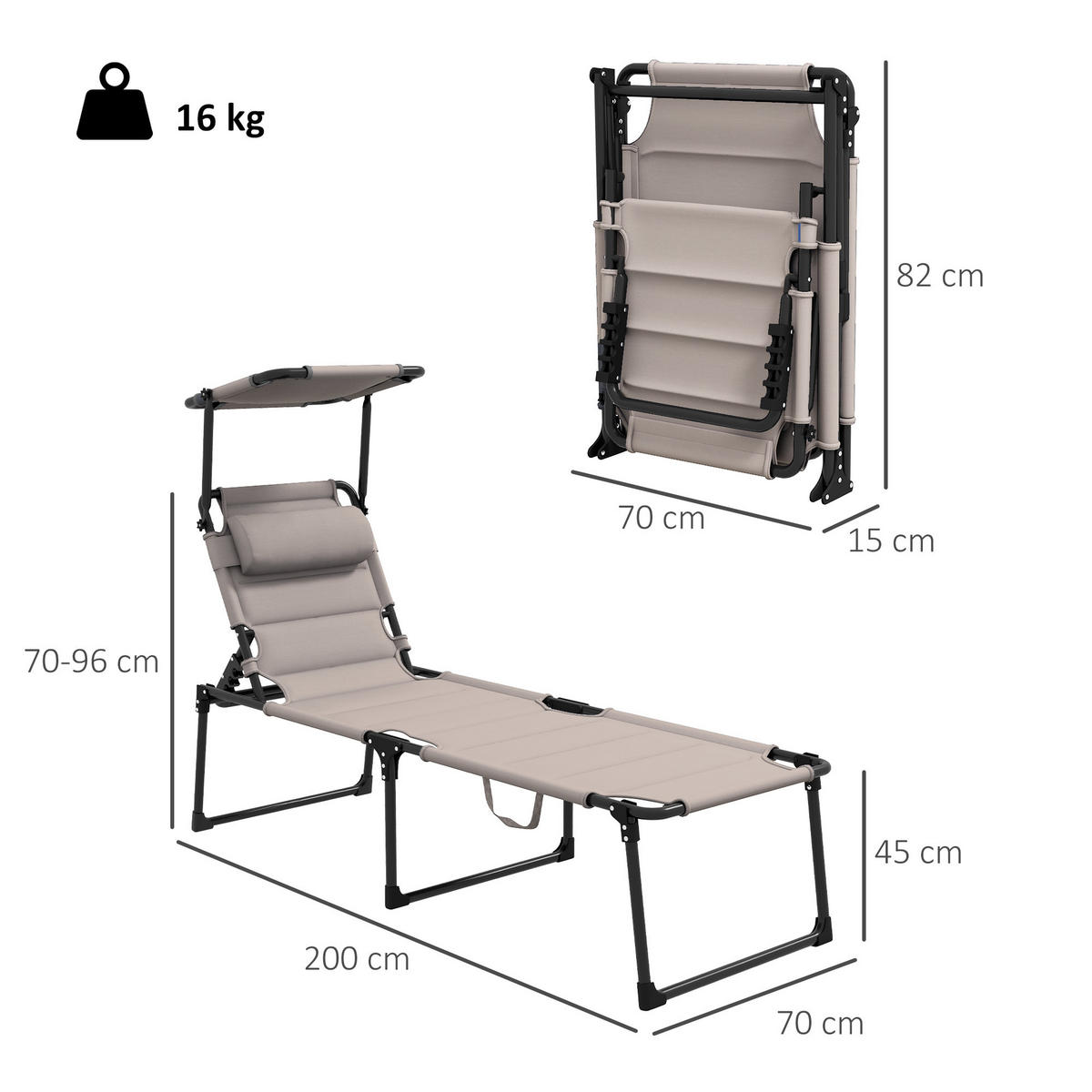 SONNENLIEGE 2er-Set DE-15652 klappbar, verstellbares Sonnendach Khaki - Mokka, Metall (200/45/70cm) - ComfortXL