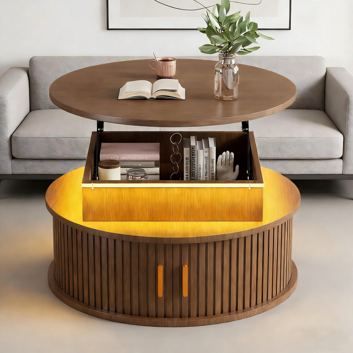 COUCHTISCH 75/75/52 cm walnussfarben aus MDF höhenverstellbar mit LED und Stauraum - Nussbaumfarben, Holzwerkstoff (75/75/52cm) - OKWISH