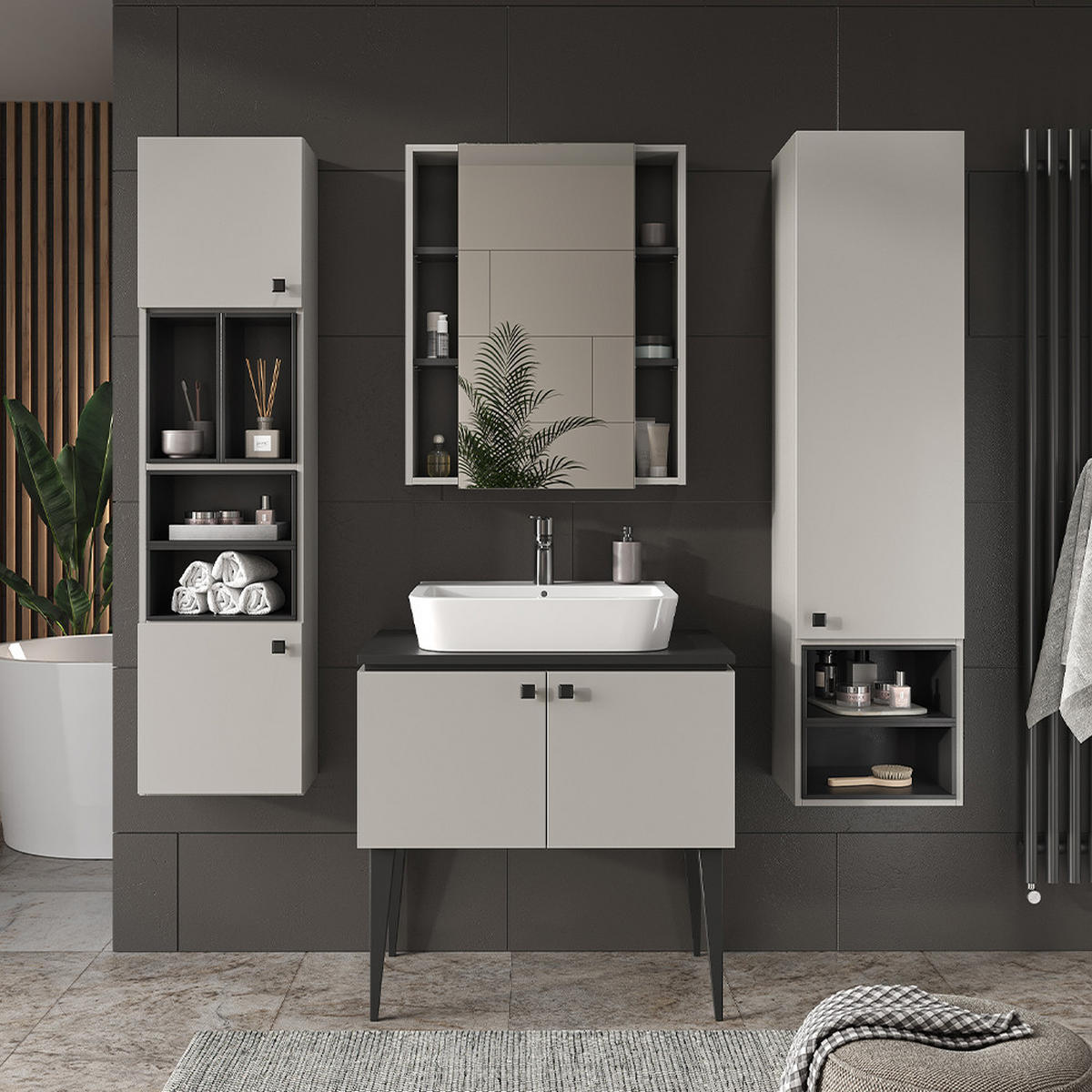 BADMÖBEL-SET Gerta Grau 4 Teile - Schwarz/Grau, Holzwerkstoff (80/79/50cm) - Vicco